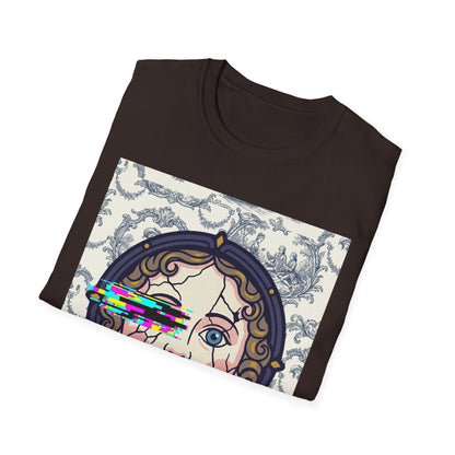 Glitch retro cracked porcelain doll face- Rococo Smartphone Toile - T-Shirt — Retro Mythology Art Tee