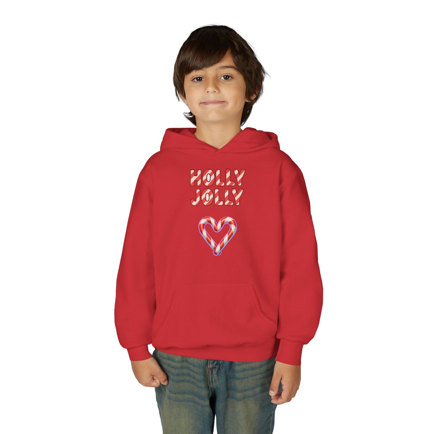 Youth Hoodie — "Holly Jolly" Candy Cane Heart Christmas Sweatshirt