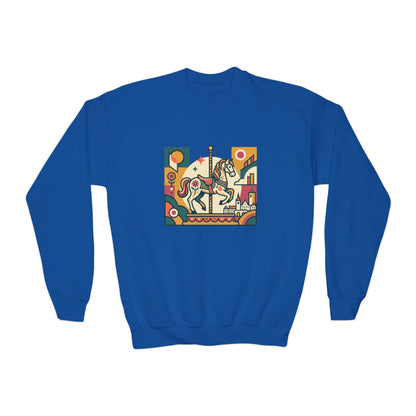 Youth Crewneck Sweatshirt — Retro Carousel Horse Graphic