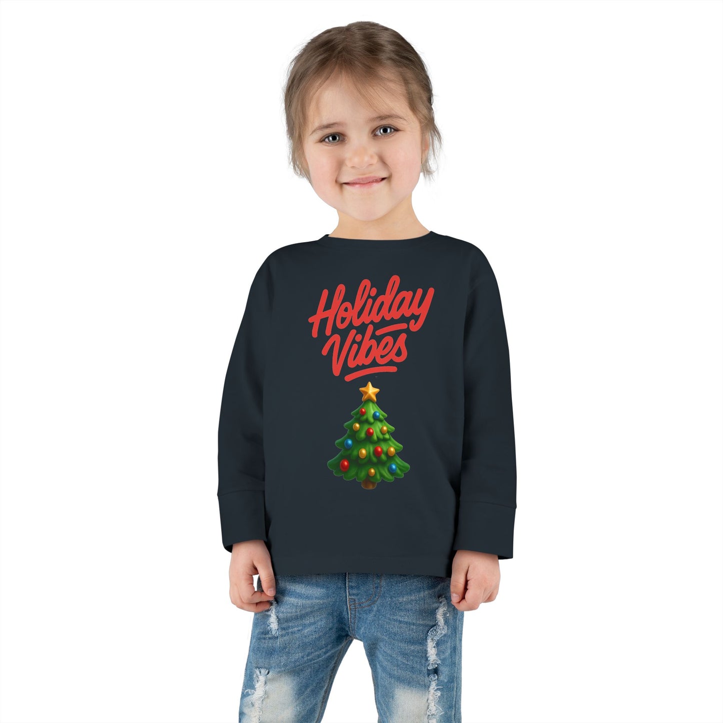 Holiday Vibes unisex Toddler Long Sleeve Tee – Cute Christmas Tree Kids Shirt