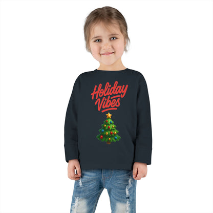 Holiday Vibes unisex Toddler Long Sleeve Tee – Cute Christmas Tree Kids Shirt