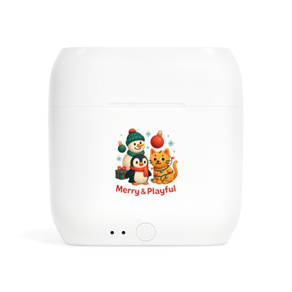 Wireless Earbuds Case — Merry & Playful Holiday Penguin and Cat Design