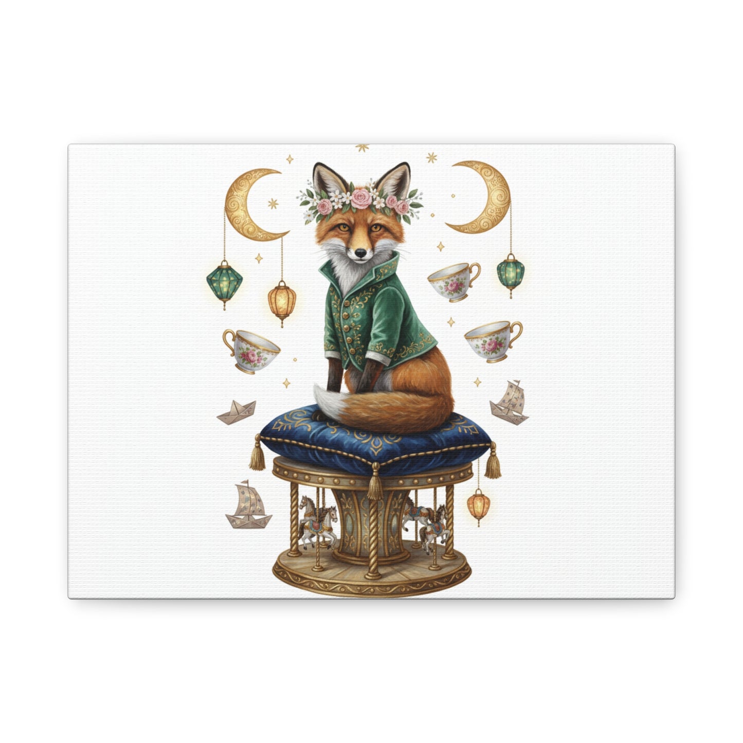 Fox Art Canvas Print — Whimsical Fox on Royal Cushion with Tea Cups & Crescent Moons (free shipping)
