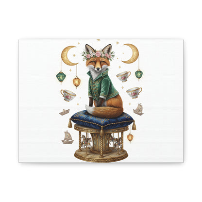 Fox Art Canvas Print — Whimsical Fox on Royal Cushion with Tea Cups & Crescent Moons (free shipping)