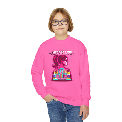 “Dream Life” girls “Barbie style” Youth Crewneck Sweatshirt — Retro Sunset Girl Graphic