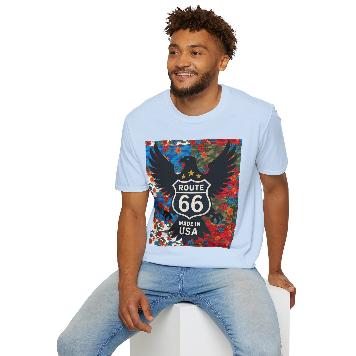 Route 66 Made in USA T-Shirt — Vintage Eagle Floral Roadtrip Tee- camo flower combo T-shirt