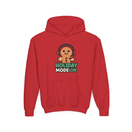Youth Hoodie — 'Holiday Mode On' Gingerbread Headphone Christmas Sweatshirt