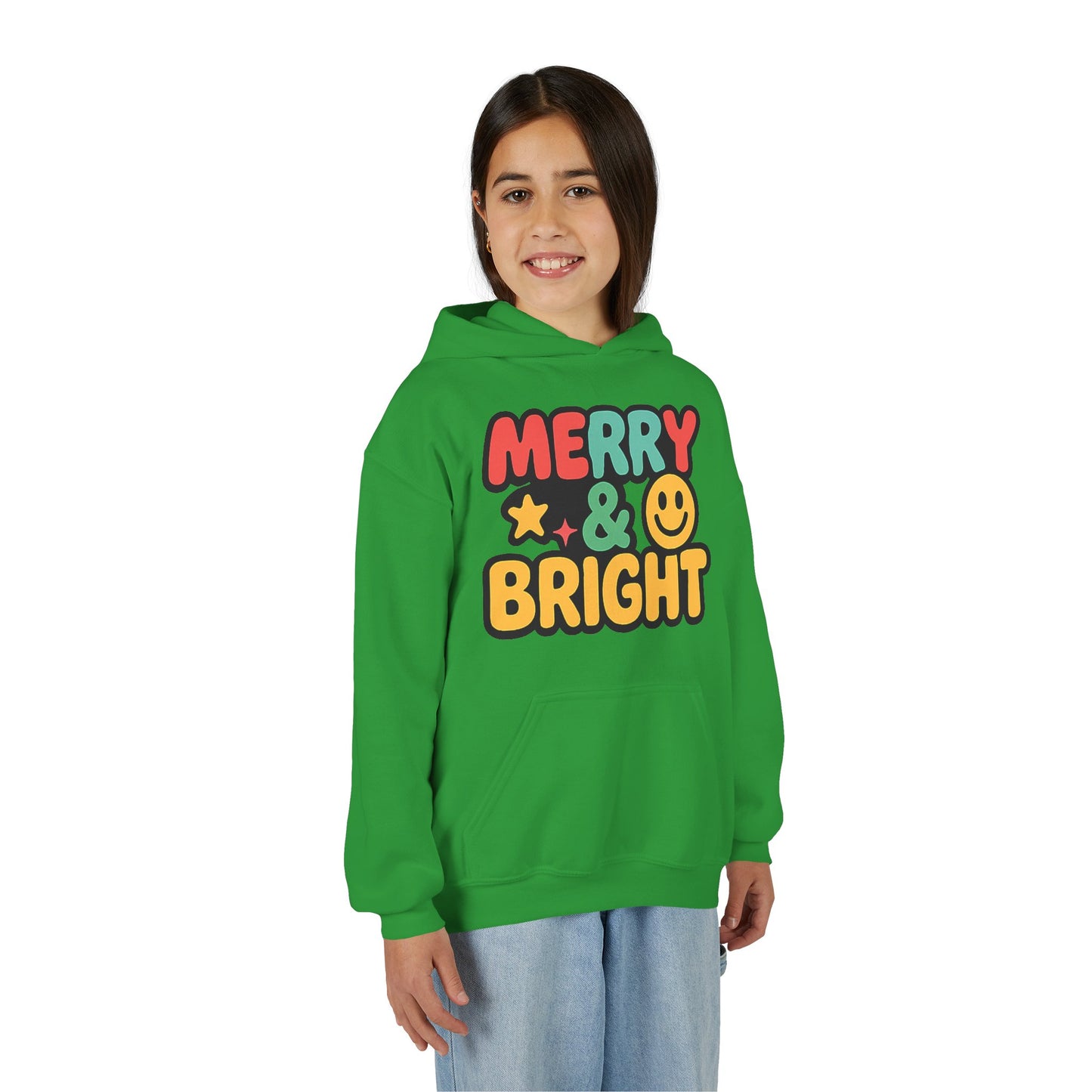 Youth Hoodie — 'Merry & Bright' Colorful Holiday Kids Sweatshirt