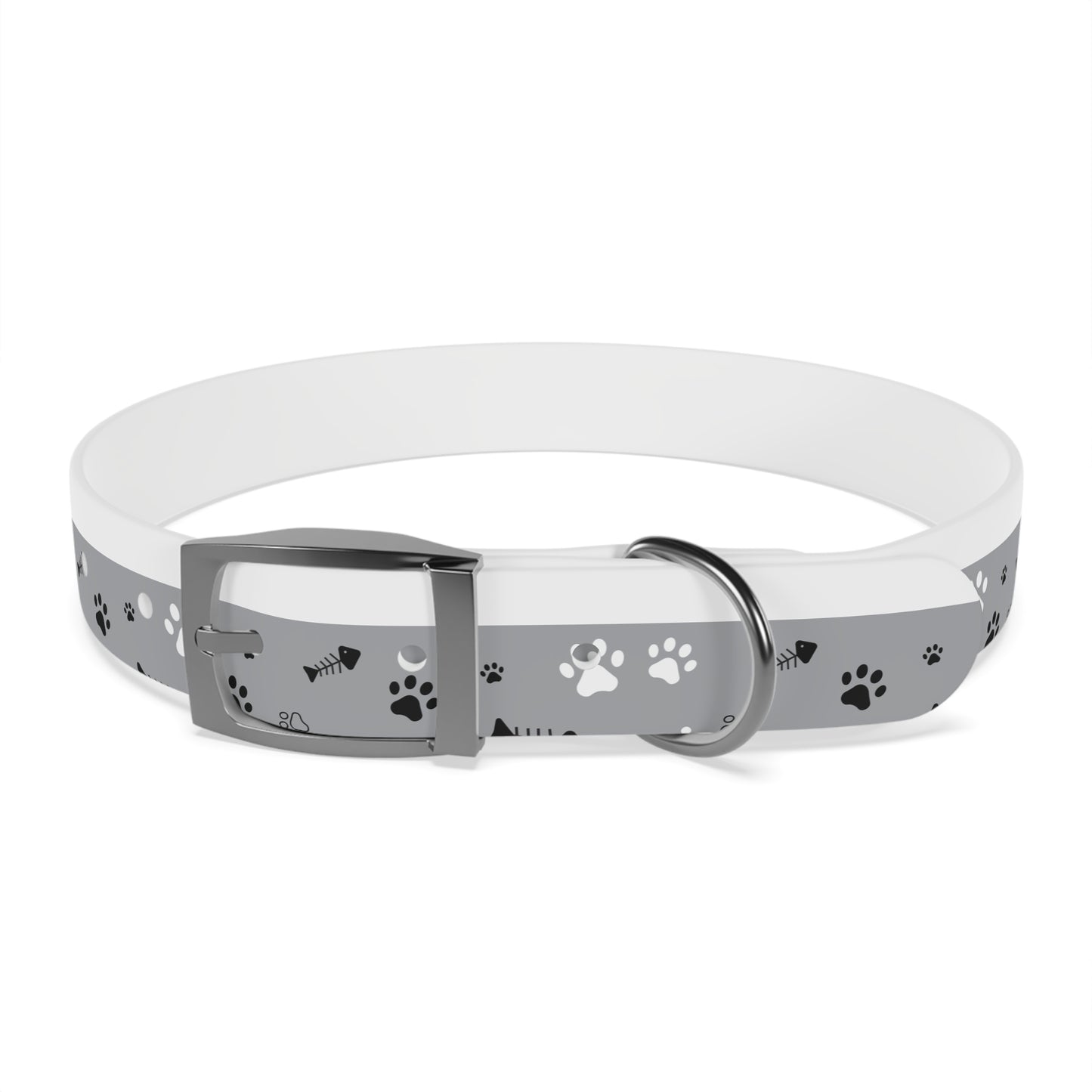 Grey Paw Print Dog Collar — Cute Bone & Paw Design, Durable Adjustable Pet Collar