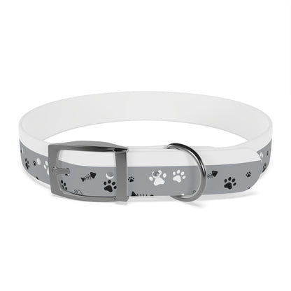 Grey Paw Print Dog Collar — Cute Bone & Paw Design, Durable Adjustable Pet Collar
