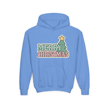 Kids youth Merry Christmas Hoodie — Pastel Tree Holiday Pullover