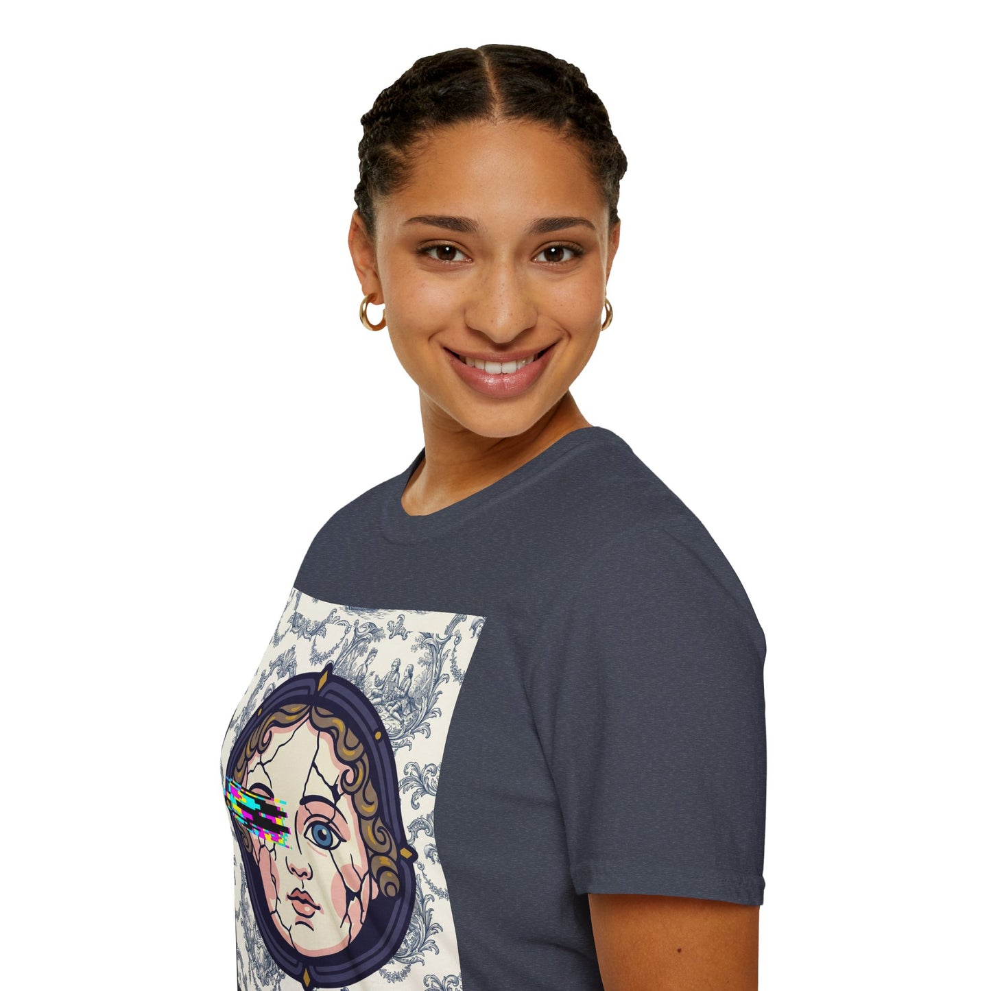 Glitch retro cracked porcelain doll face- Rococo Smartphone Toile - T-Shirt — Retro Mythology Art Tee