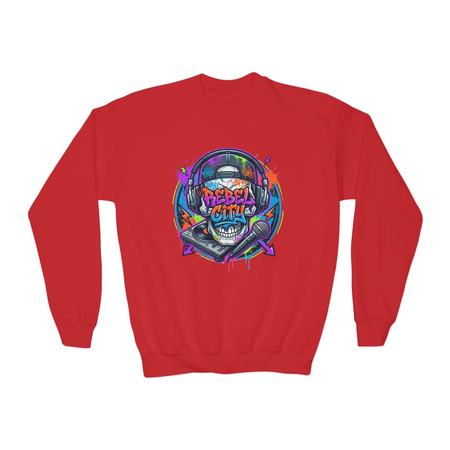 Youth Crewneck Sweatshirt — Neon spray paint rebel Skull 'Rebel With A Cause' Graphic