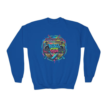 Youth Crewneck Sweatshirt — Vibrant Retro Boombox “Rebel With” spray paint Graphic