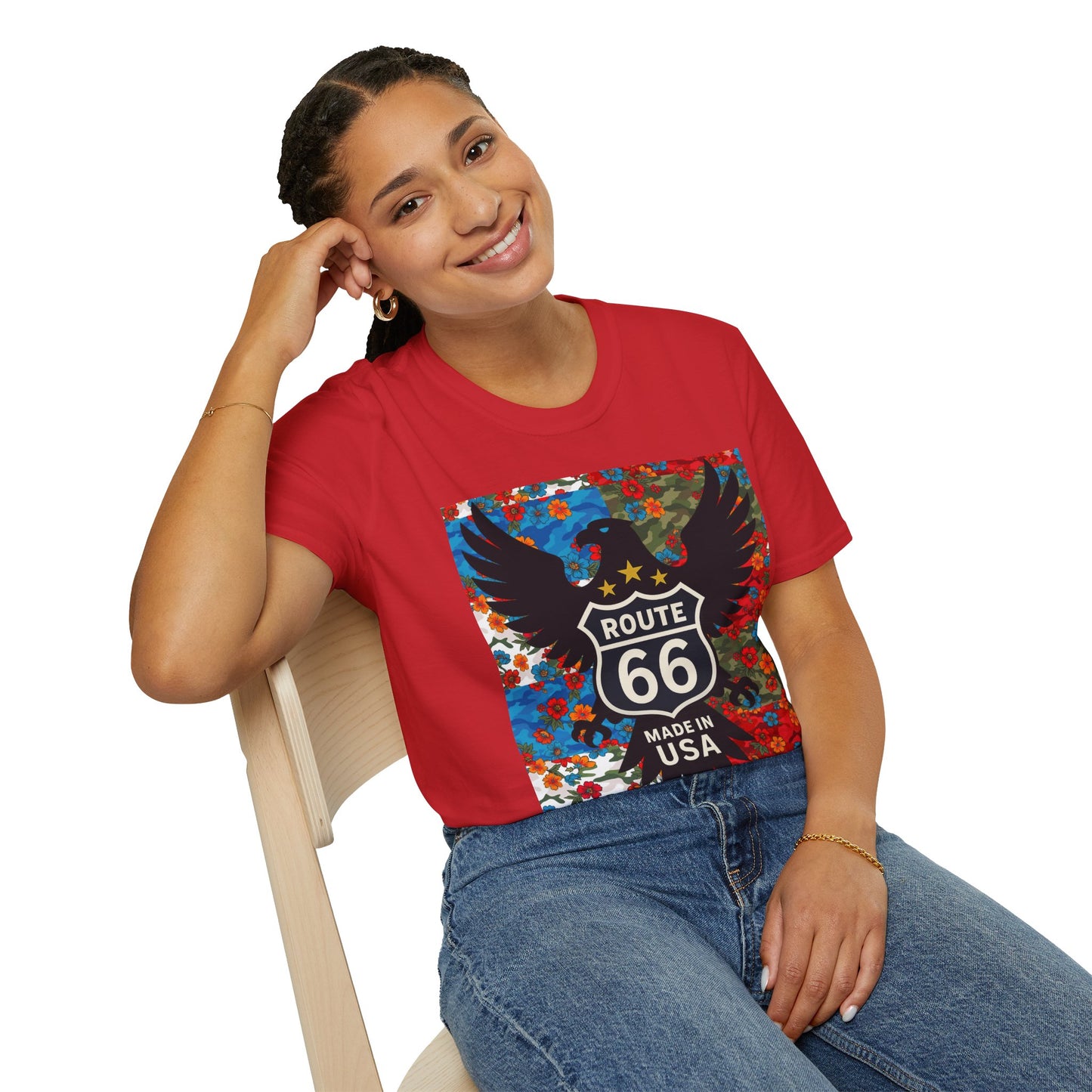 Route 66 Made in USA T-Shirt — Vintage Eagle Floral Roadtrip Tee- camo flower combo T-shirt