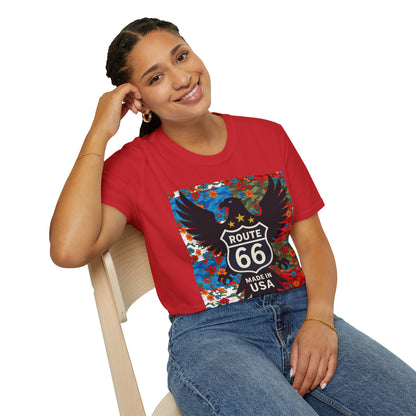 Route 66 Made in USA T-Shirt — Vintage Eagle Floral Roadtrip Tee- camo flower combo T-shirt