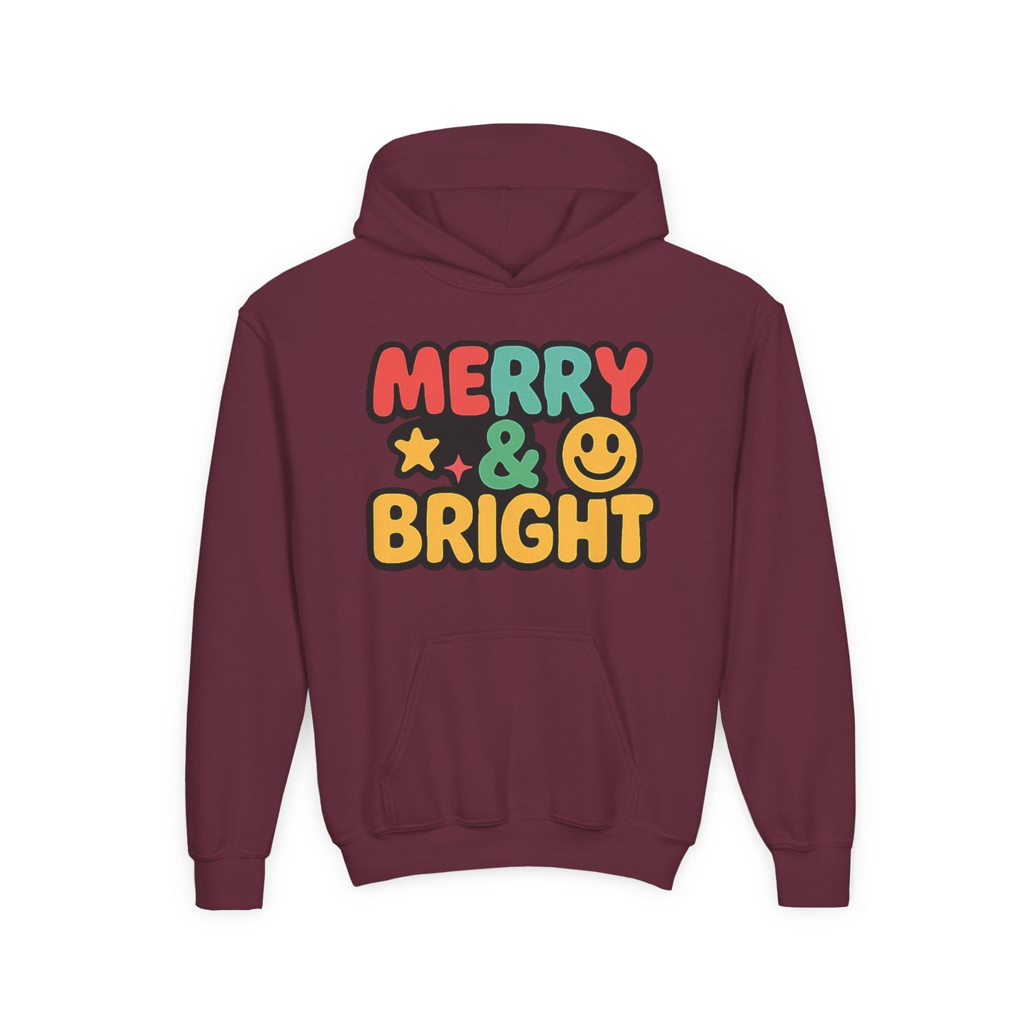Youth Hoodie — 'Merry & Bright' Colorful Holiday Kids Sweatshirt