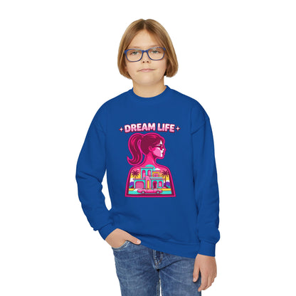 “Dream Life” girls “Barbie style” Youth Crewneck Sweatshirt — Retro Sunset Girl Graphic