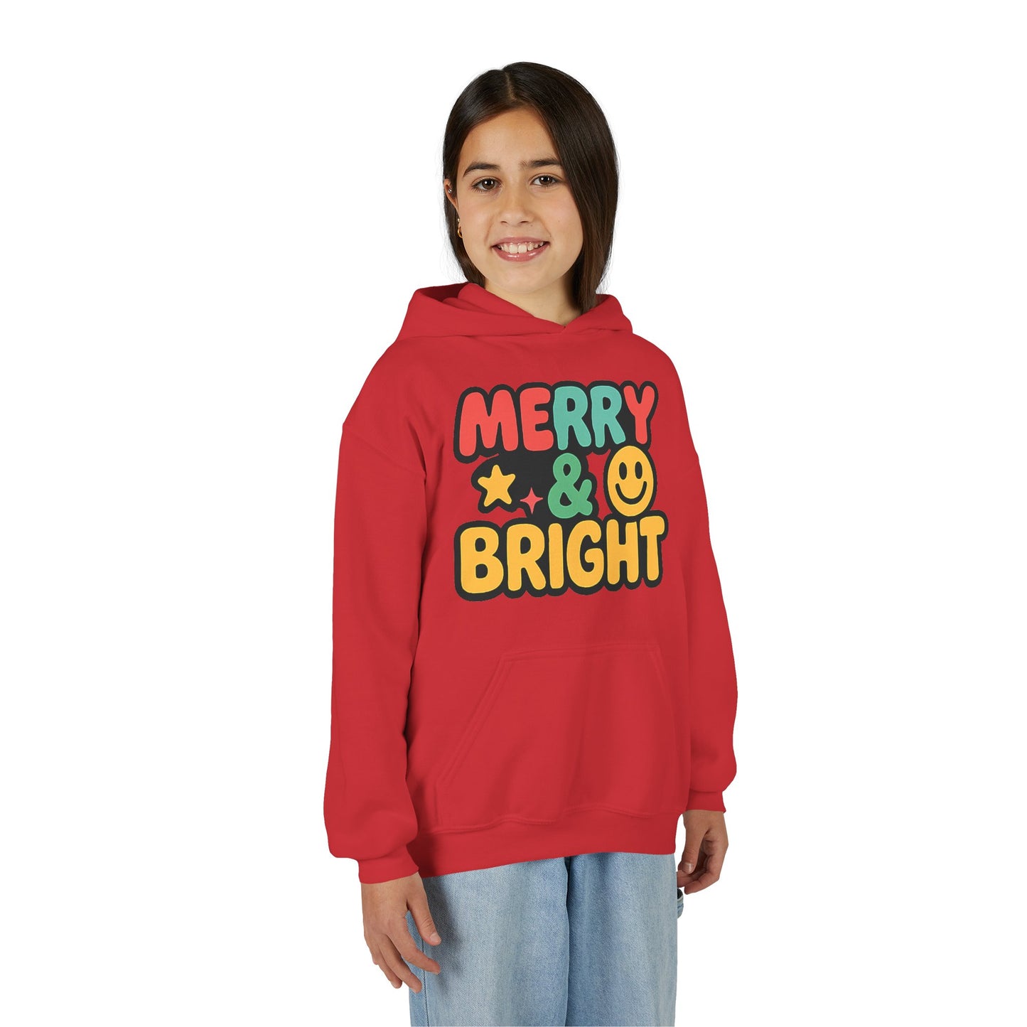 Youth Hoodie — 'Merry & Bright' Colorful Holiday Kids Sweatshirt