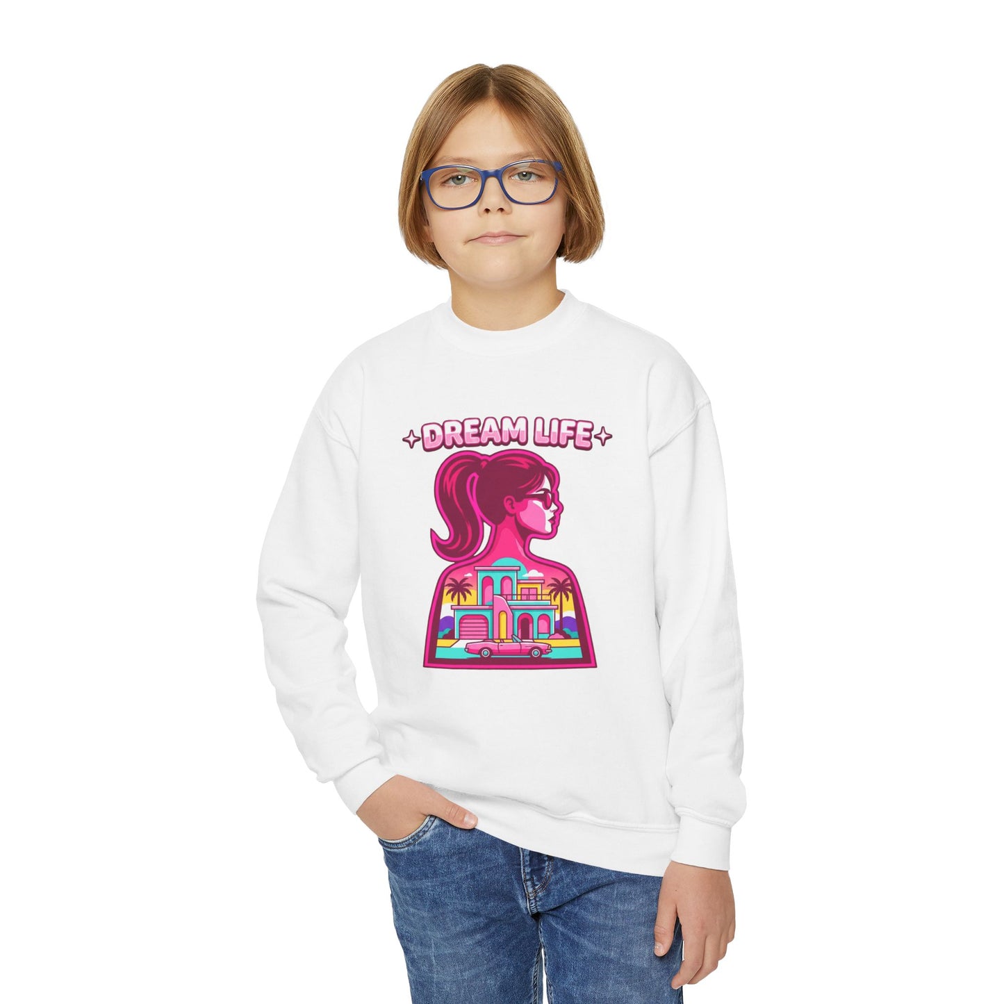 “Dream Life” girls “Barbie style” Youth Crewneck Sweatshirt — Retro Sunset Girl Graphic
