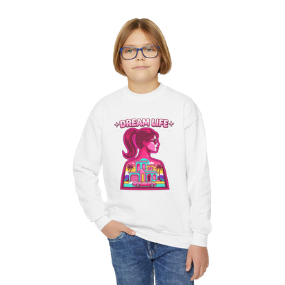“Dream Life” girls “Barbie style” Youth Crewneck Sweatshirt — Retro Sunset Girl Graphic
