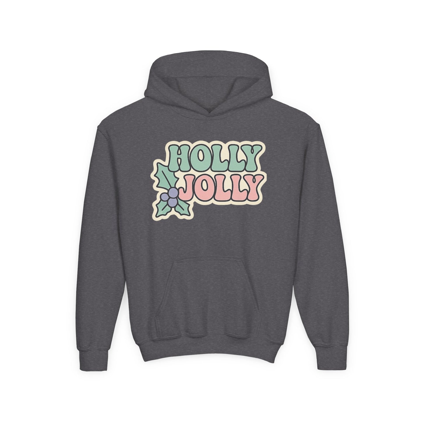Girls Youth Hoodie — 'Holly Jolly' Pastel Christmas Holiday Sweatshirt