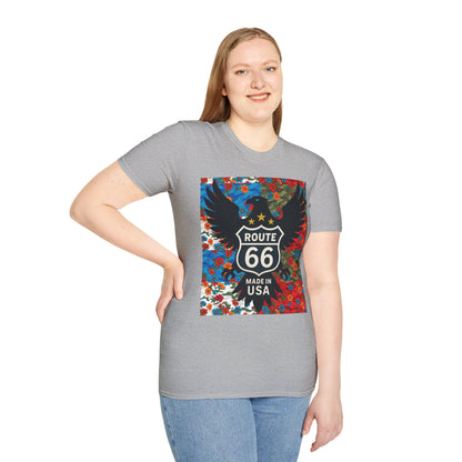 Route 66 Made in USA T-Shirt — Vintage Eagle Floral Roadtrip Tee- camo flower combo T-shirt