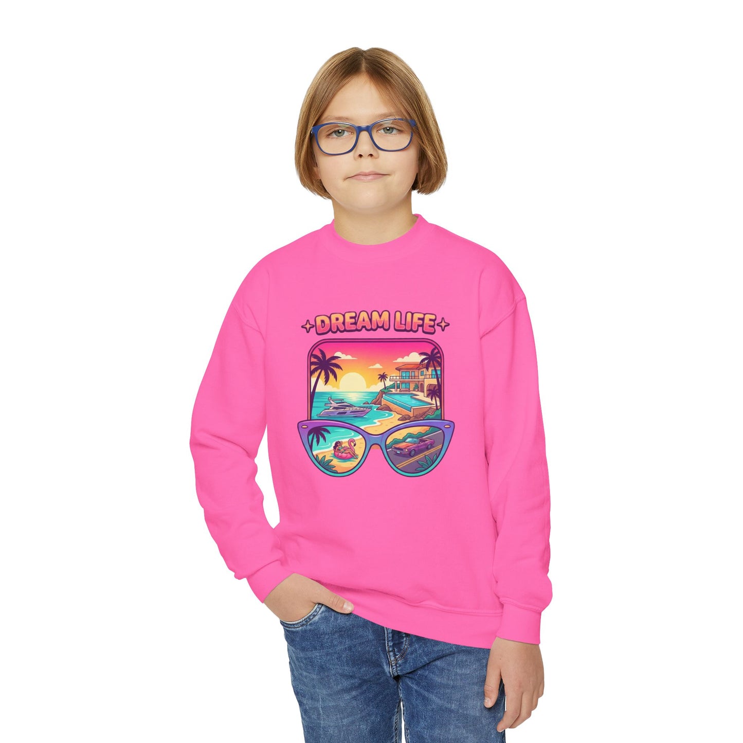 Girls Youth Crewneck Sweatshirt - "Dream Life" Tropical Sunset Graphic