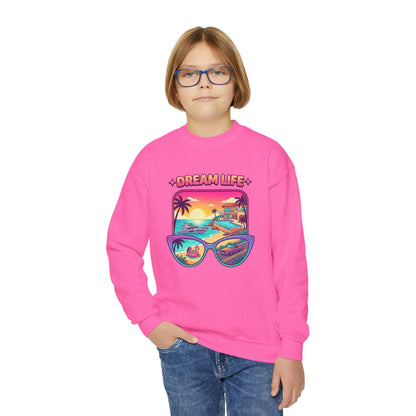Girls Youth Crewneck Sweatshirt - "Dream Life" Tropical Sunset Graphic