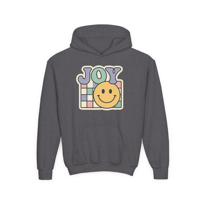 Girls Youth Hoodie – Retro 'JOY' Smiley Graphic Kids Sweatshirt