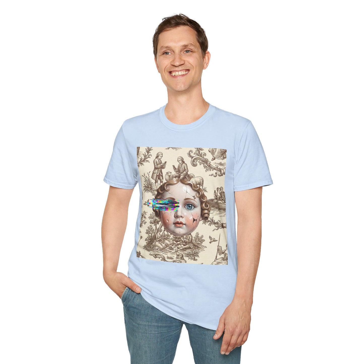 Vintage Doll Face Tee with Glitch Paint Splash