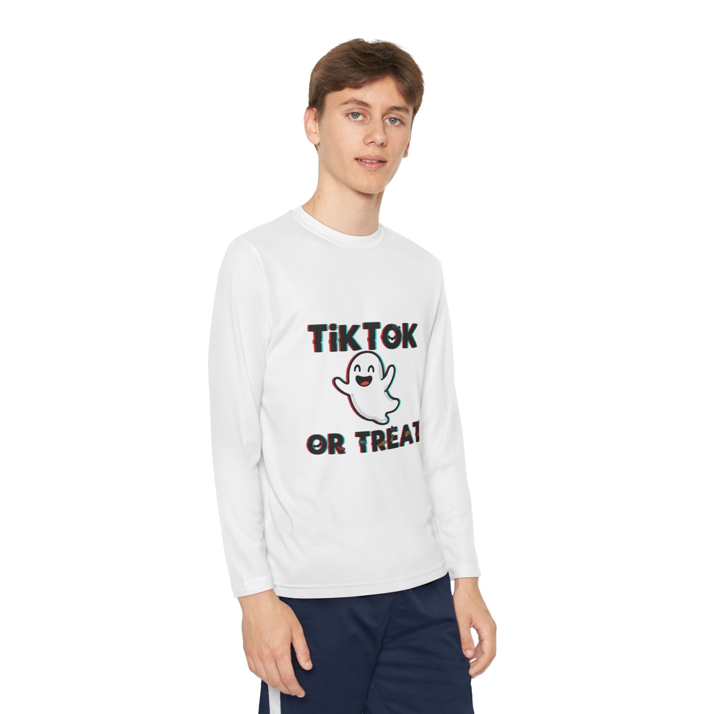 TikTok Halloween Long Sleeve Tee, Youth Costume Shirt, Spooky Apparel, Trick or Treat Top, Youth Ghost Halloween Shirt