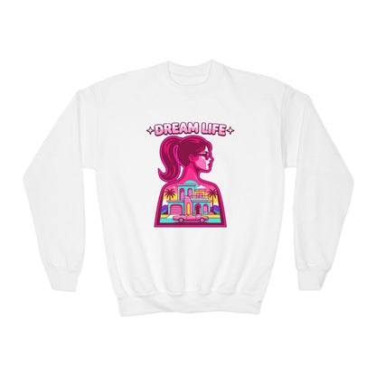 “Dream Life” girls “Barbie style” Youth Crewneck Sweatshirt — Retro Sunset Girl Graphic