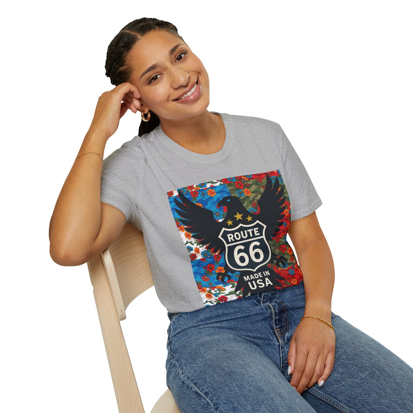 Route 66 Made in USA T-Shirt — Vintage Eagle Floral Roadtrip Tee- camo flower combo T-shirt