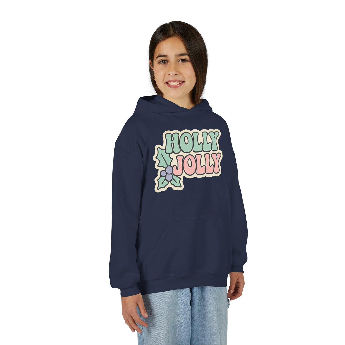 Girls Youth Hoodie — 'Holly Jolly' Pastel Christmas Holiday Sweatshirt