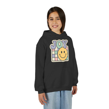 Girls Youth Hoodie – Retro 'JOY' Smiley Graphic Kids Sweatshirt