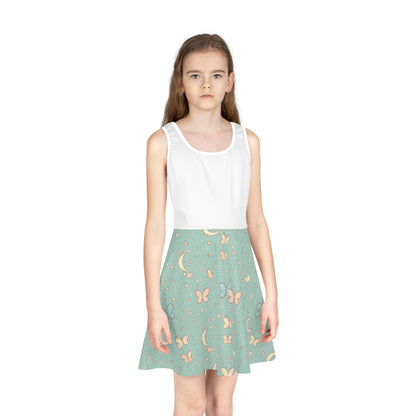 Girls' Moon & Butterfly Sundress — Aqua Patterned Sleeveless Dress