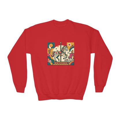 Youth Crewneck Sweatshirt — Retro Carousel Horse Graphic
