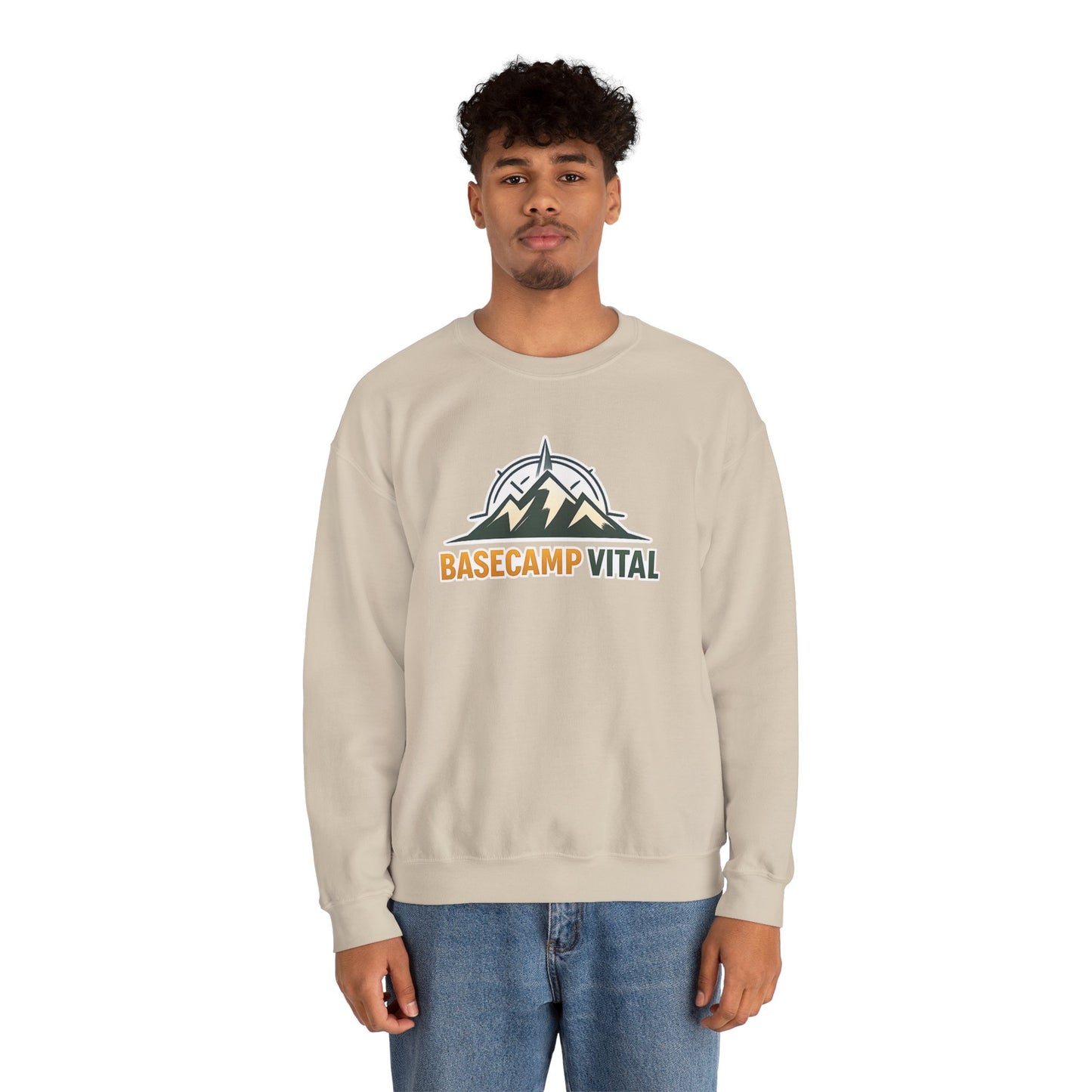 Base Camp Vital Mountain Embroidered Crewneck Sweatshirt | Cozy Hiking & Camping Pullover | 50/50 Midweight  Vital Mountain Crewneck Sweatshirt — Outdoor Adventure Logo Pullover (free shipping)