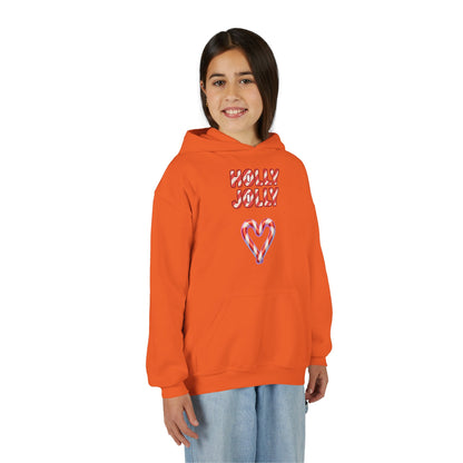 Youth Hoodie — "Holly Jolly" Candy Cane Heart Christmas Sweatshirt
