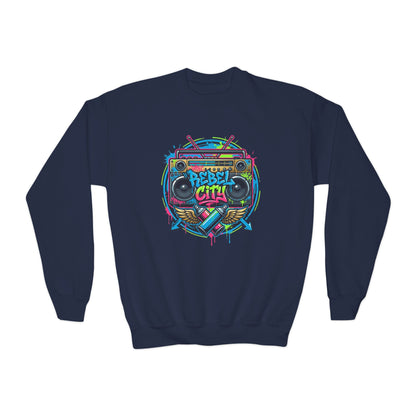 Youth Crewneck Sweatshirt — Vibrant Retro Boombox “Rebel With” spray paint Graphic