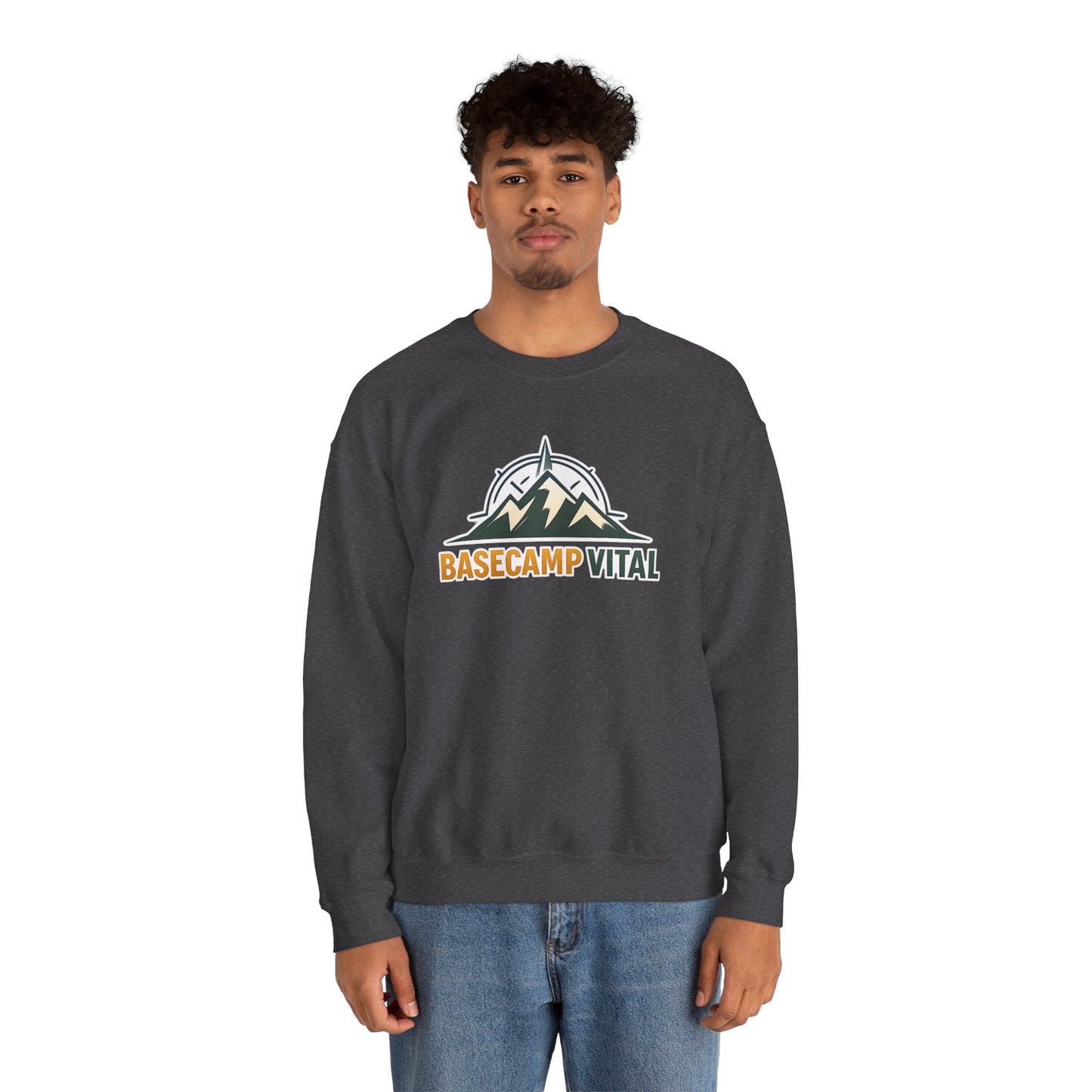 Base Camp Vital Mountain Embroidered Crewneck Sweatshirt | Cozy Hiking & Camping Pullover | 50/50 Midweight  Vital Mountain Crewneck Sweatshirt — Outdoor Adventure Logo Pullover (free shipping)