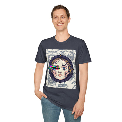 Glitch retro cracked porcelain doll face- Rococo Smartphone Toile - T-Shirt — Retro Mythology Art Tee