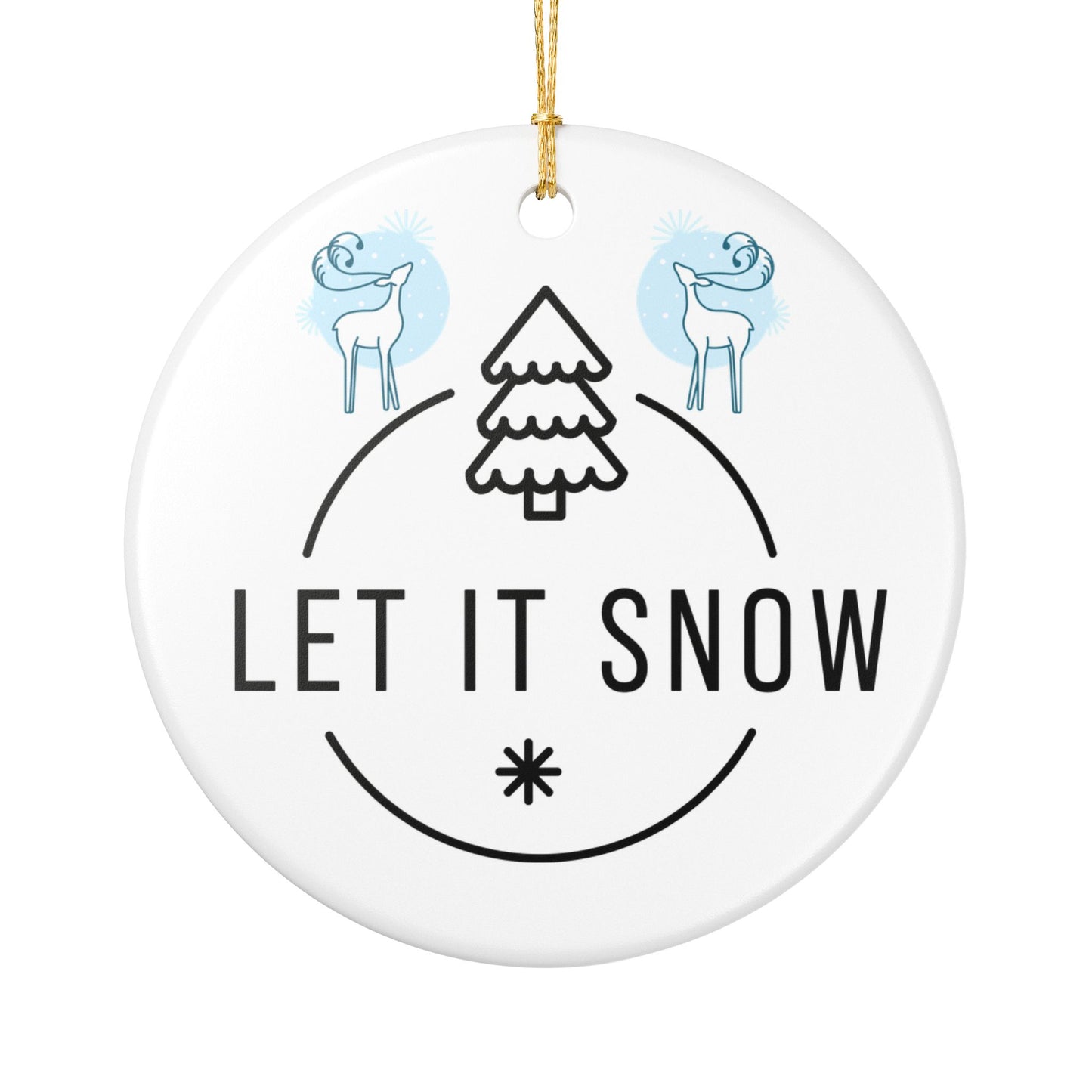 Let It Snow Ceramic Ornament — Blue Holiday Tree & Reindeer Decoration