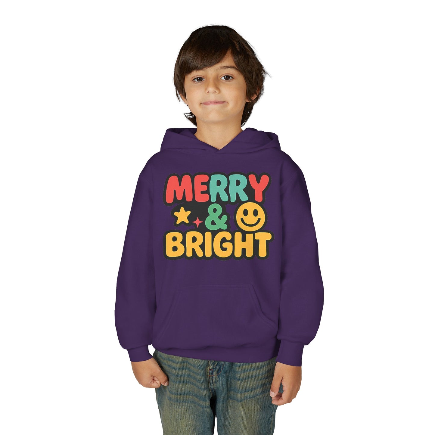 Youth Hoodie — 'Merry & Bright' Colorful Holiday Kids Sweatshirt