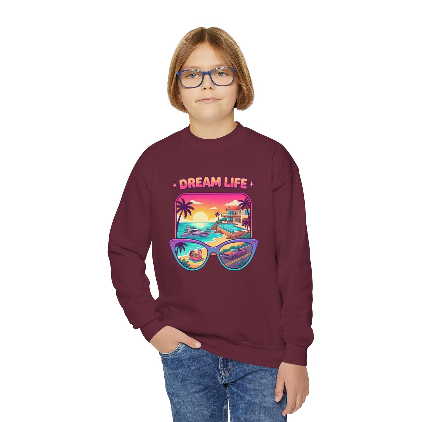 Girls Youth Crewneck Sweatshirt - "Dream Life" Tropical Sunset Graphic