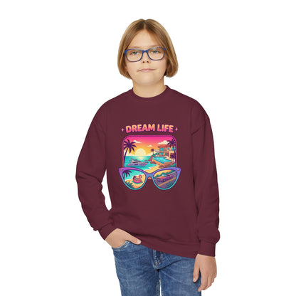 Girls Youth Crewneck Sweatshirt - "Dream Life" Tropical Sunset Graphic