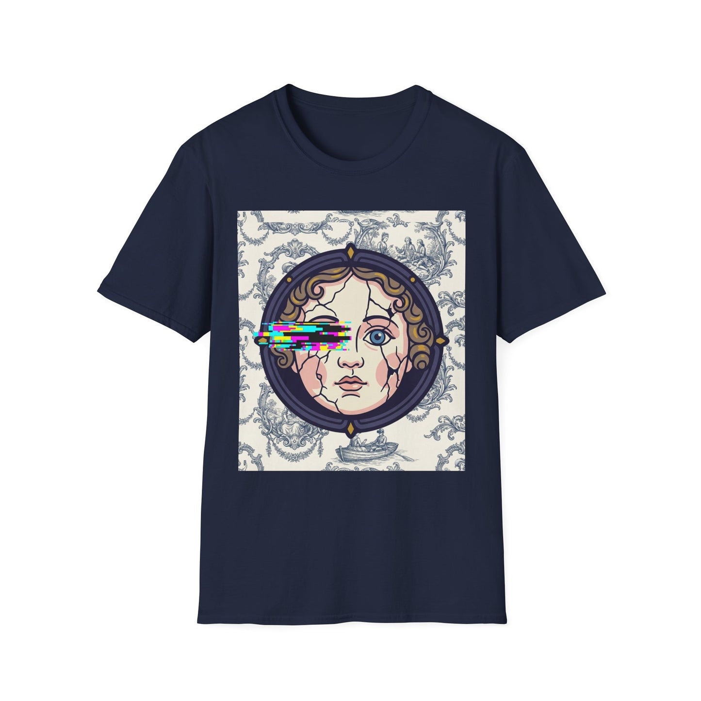 Glitch retro cracked porcelain doll face- Rococo Smartphone Toile - T-Shirt — Retro Mythology Art Tee