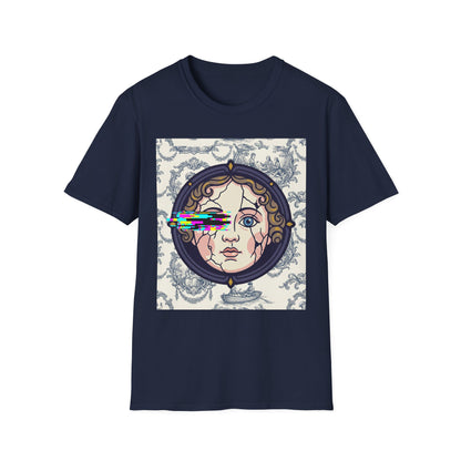 Glitch retro cracked porcelain doll face- Rococo Smartphone Toile - T-Shirt — Retro Mythology Art Tee