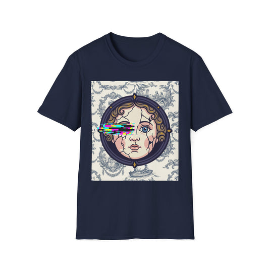 Glitch retro cracked porcelain doll face- Rococo Smartphone Toile - T-Shirt — Retro Mythology Art Tee